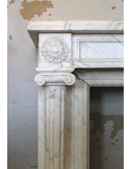 231 SMALL ORIGINAL LOUIS XVI FIREPLACE MANTEL IN VERY FINE WHITE VEINED "VENATINO" CARRARA MARBLE