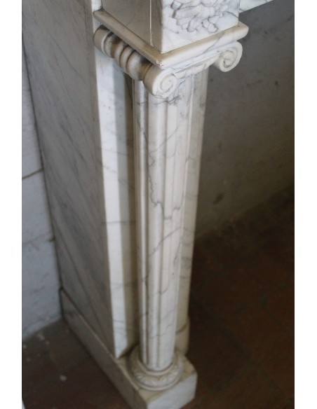231 SMALL ORIGINAL LOUIS XVI FIREPLACE MANTEL IN VERY FINE WHITE VEINED "VENATINO" CARRARA MARBLE