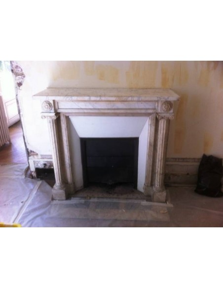 231 SMALL ORIGINAL LOUIS XVI FIREPLACE MANTEL IN VERY FINE WHITE VEINED "VENATINO" CARRARA MARBLE