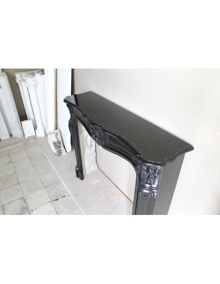 038 ANTIQUE ORIGINAL BAROQUE "TROIS COQUILLES" FIRE SURROUND CARVED IN BLACK BELGIUM MARBLE