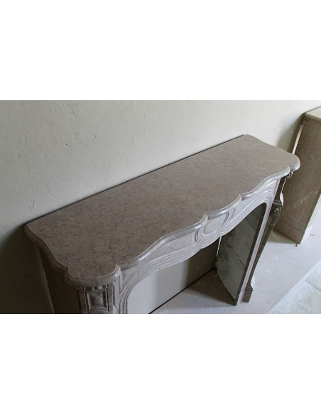 057 ANTIQUE ELEGANT LOUIS XV "PIED GALBÉ" FIRE SURROUND CARVED IN BEIGE LUNEL MARBLE