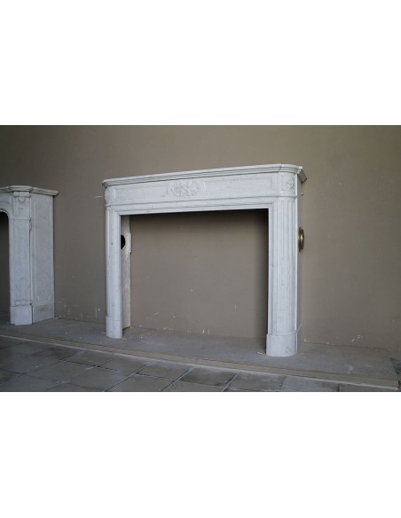 259 ANTIQUE LOUIS XVI "DÉMI-LUNE TROIS FLEURS" FIREPLACE MANTEL IN WHITE CARRARA MARBLE