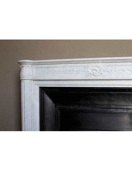 249 AG ANTIQUE NEOCLASSICAL "RAMO D'ULIVO" FIREPLACE MANTEL IN WHITE CARRARA MARBLE