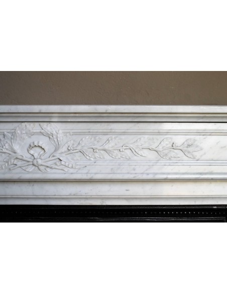 249 AG ANTIQUE NEOCLASSICAL "RAMO D'ULIVO" FIREPLACE MANTEL IN WHITE CARRARA MARBLE