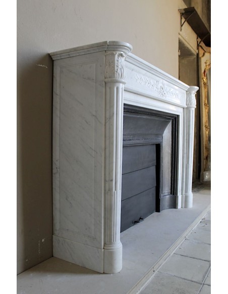 249 AG ANTIQUE NEOCLASSICAL "RAMO D'ULIVO" FIREPLACE MANTEL IN WHITE CARRARA MARBLE