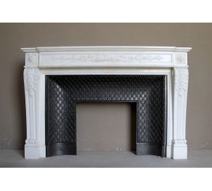 Exceptional neoclassical fireplace carved in a superb white Statuary Carrara marble.