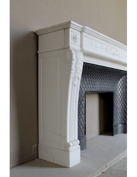 252 AG OUTSTANDING LOUIS XVI "CARQUOIS" FIREPLACE MANTEL IN EXCEPTIONAL WHITE STATUARY CARRARA MARBLE
