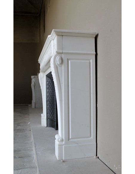 252 AG OUTSTANDING LOUIS XVI "CARQUOIS" FIREPLACE MANTEL IN EXCEPTIONAL WHITE STATUARY CARRARA MARBLE