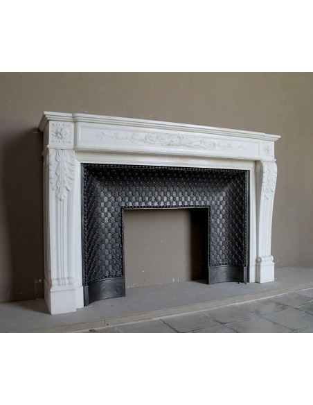 252 AG OUTSTANDING LOUIS XVI "CARQUOIS" FIREPLACE MANTEL IN EXCEPTIONAL WHITE STATUARY CARRARA MARBLE