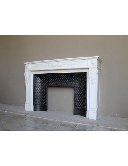 252 AG OUTSTANDING LOUIS XVI "CARQUOIS" FIREPLACE MANTEL IN EXCEPTIONAL WHITE STATUARY CARRARA MARBLE