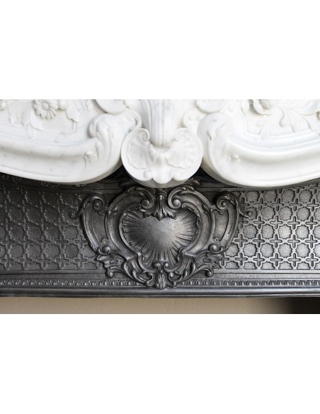 070 AG ANTIQUE FLORAL LOUIS XV "DAUPHIN" FIREPLACE MANTEL IN WHITE CARRARA "P" MARBLE WITH ITS OWN ARTISTIC CAST IRON INSERT