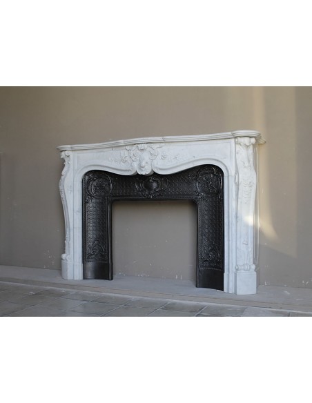 070 AG ANTIQUE FLORAL LOUIS XV "DAUPHIN" FIREPLACE MANTEL IN WHITE CARRARA "P" MARBLE WITH ITS OWN ARTISTIC CAST IRON INSERT