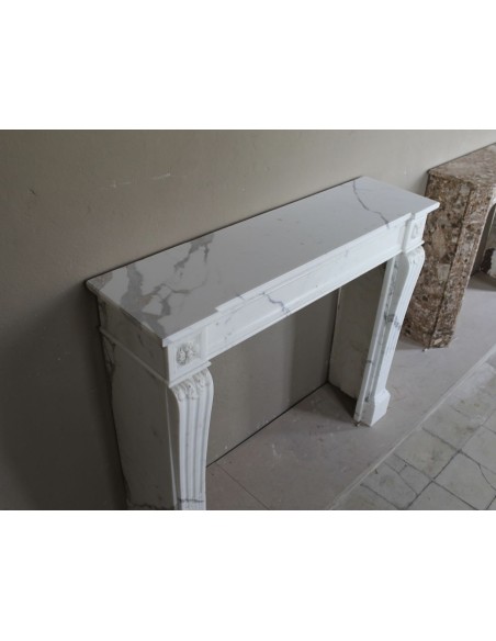 255 ELEGANT NEOCLASSICAL "DEUX ÉTOILES" FIREPLACE MANTEL IN WHITE STATUARY CALACATTA MARBLE