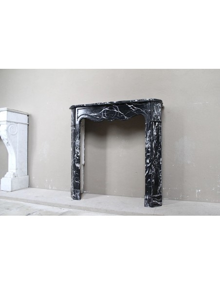 078 ORIGINAL LOUIS XV "POMPADOUR PLAT" FIREPLACE MANTEL CARVED IN BLACK AND WHITE MARQUINIA MARBLE