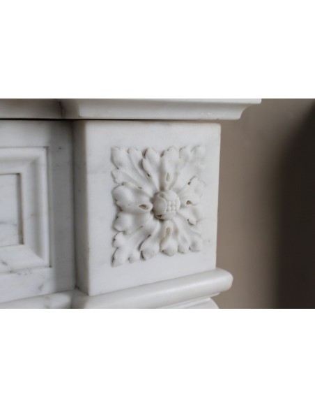 213 BEAUTIFUL ANTIQUE LOUIS XVI "TROIS FLEURS" FIREPLACE MANTEL IN WHITE STATUARY CARRARA MARBLE
