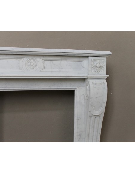 206 SMALL ANTIQUE LOUIS XVI "LANGUETTE" FIREPLACE MANTEL SCULPTED OUT OF WHITE CARRARA MARBLE