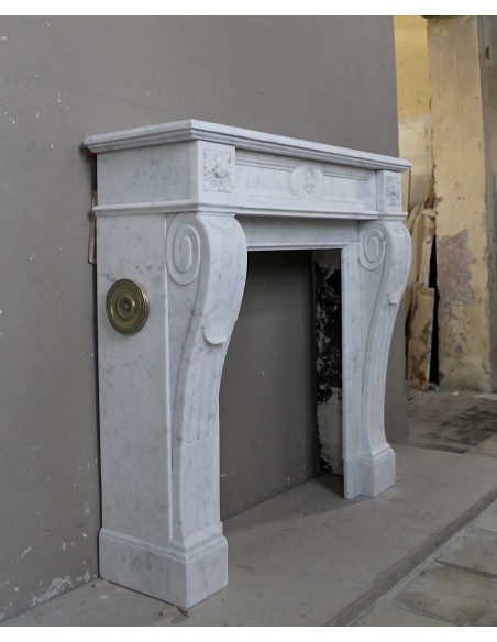 206 SMALL ANTIQUE LOUIS XVI "LANGUETTE" FIREPLACE MANTEL SCULPTED OUT OF WHITE CARRARA MARBLE