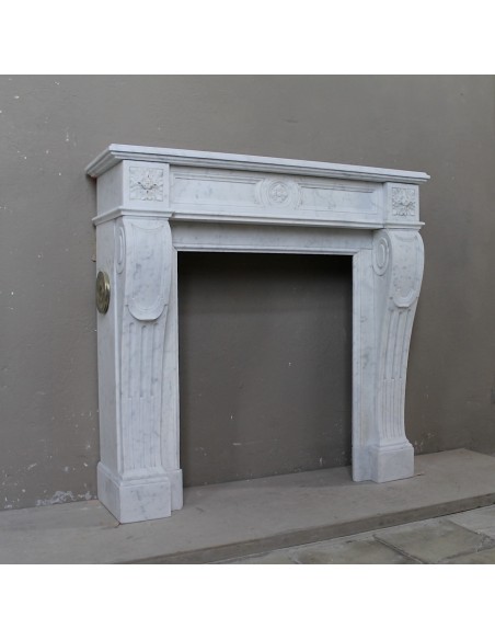 206 SMALL ANTIQUE LOUIS XVI "LANGUETTE" FIREPLACE MANTEL SCULPTED OUT OF WHITE CARRARA MARBLE