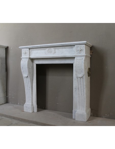 206 SMALL ANTIQUE LOUIS XVI "LANGUETTE" FIREPLACE MANTEL SCULPTED OUT OF WHITE CARRARA MARBLE