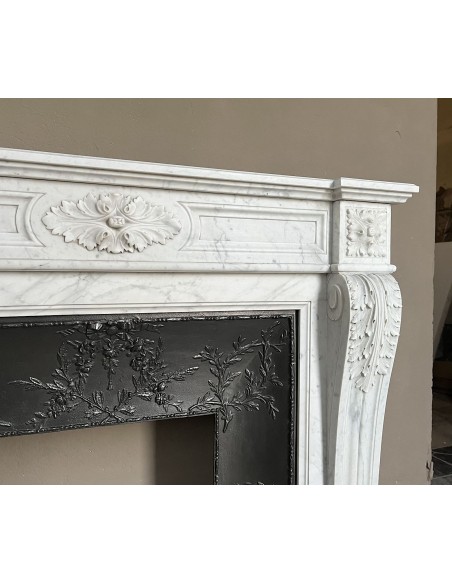 222 AG ANTIQUE LOUIS XVI "TROIS FLEURS" FIREPLACE MANTEL IN WHITE CARRARA MARBLE