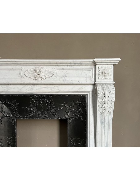 222 AG ANTIQUE LOUIS XVI "TROIS FLEURS" FIREPLACE MANTEL IN WHITE CARRARA MARBLE