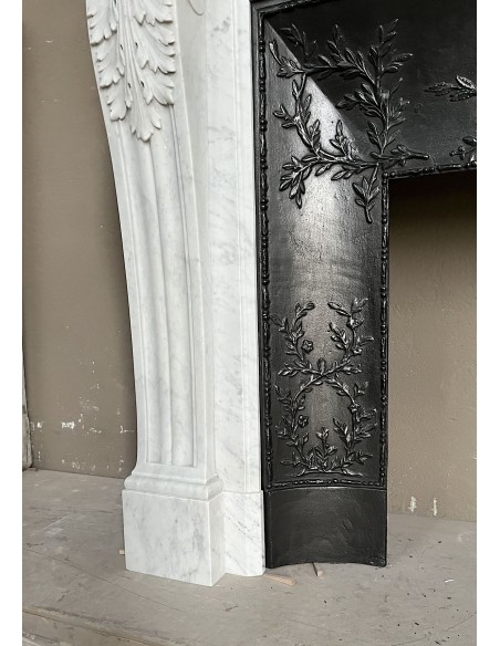222 AG ANTIQUE LOUIS XVI "TROIS FLEURS" FIREPLACE MANTEL IN WHITE CARRARA MARBLE
