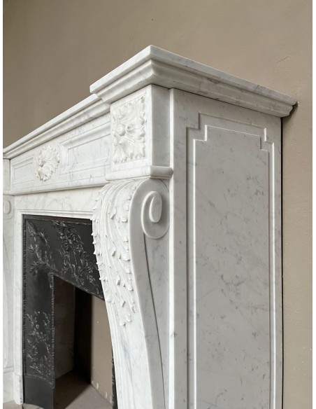 222 AG ANTIQUE LOUIS XVI "TROIS FLEURS" FIREPLACE MANTEL IN WHITE CARRARA MARBLE
