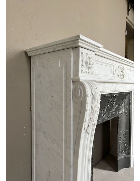 222 AG ANTIQUE LOUIS XVI "TROIS FLEURS" FIREPLACE MANTEL IN WHITE CARRARA MARBLE