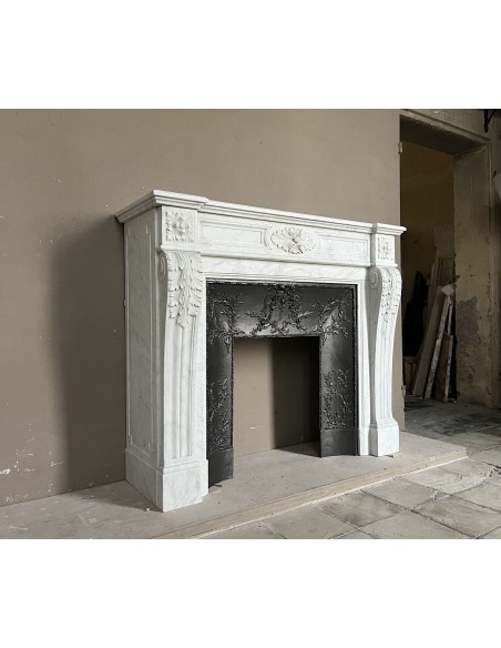 222 AG ANTIQUE LOUIS XVI "TROIS FLEURS" FIREPLACE MANTEL IN WHITE CARRARA MARBLE