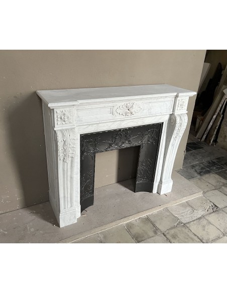 222 AG ANTIQUE LOUIS XVI "TROIS FLEURS" FIREPLACE MANTEL IN WHITE CARRARA MARBLE