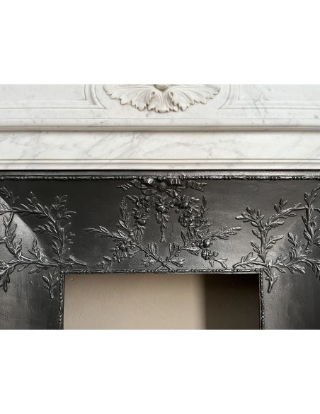222 AG ANTIQUE LOUIS XVI "TROIS FLEURS" FIREPLACE MANTEL IN WHITE CARRARA MARBLE