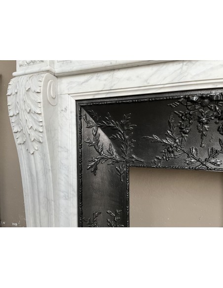 222 AG ANTIQUE LOUIS XVI "TROIS FLEURS" FIREPLACE MANTEL IN WHITE CARRARA MARBLE