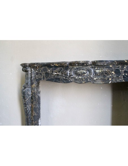 026 ANTIQUE LOUIS XV "PIED GALBÉ" FIREPLACE MANTEL IN BLACK SAINT LAURENT MARBLE
