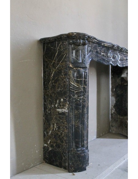 026 ANTIQUE LOUIS XV "PIED GALBÉ" FIREPLACE MANTEL IN BLACK SAINT LAURENT MARBLE