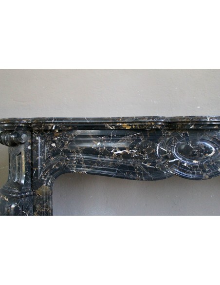 026 ANTIQUE LOUIS XV "PIED GALBÉ" FIREPLACE MANTEL IN BLACK SAINT LAURENT MARBLE