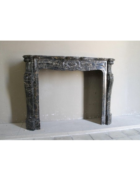 026 ANTIQUE LOUIS XV "PIED GALBÉ" FIREPLACE MANTEL IN BLACK SAINT LAURENT MARBLE