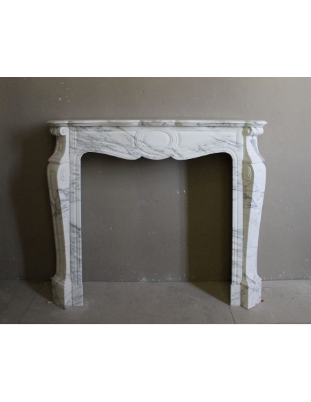 Antique marble fireplace mantel in Italian White Arabescato Carrara marble.