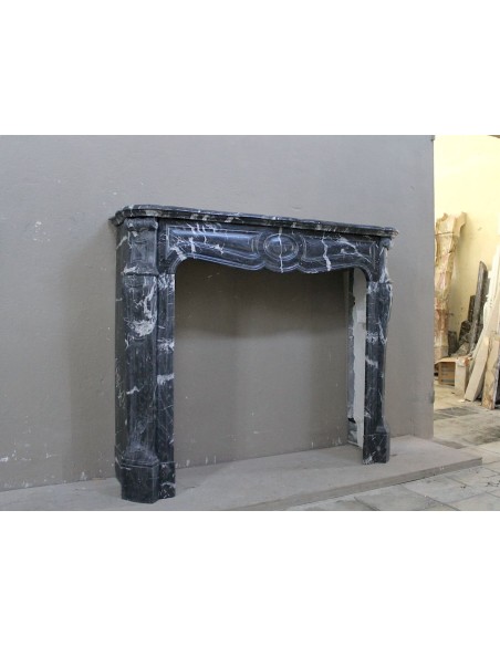 060 ANTIQUE ORIGINAL LOUIS XV "PIED GALBÉ" MARBLE MANTEL IN BLACK MARQUINIA MARBLE
