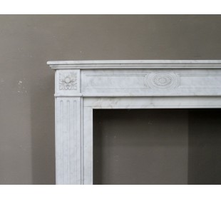 Antique Louis XVI marble fireplace mantel sculpted in Italian White Calacatta. 2