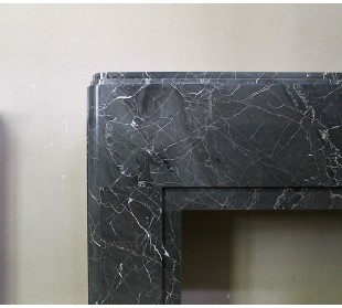 Antique authentic Art Deco marble fireplace mantel carved from Black Marquinia Gold marble. 2