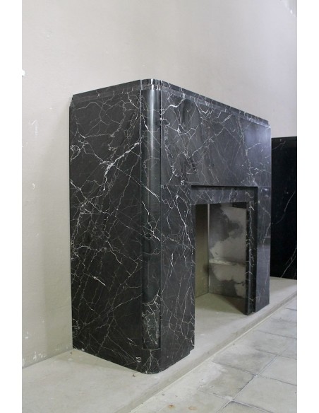 715 ANTIQUE AUTHENTIC ART DECO FIREPLACE MANTEL CARVED FROM BLACK MARQUINIA GOLD MARBLE