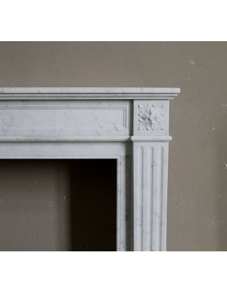 201 ANTIQUE LOUIS XVI FIREPLACE MANTEL "DEUX FLEURS" CARVED IN WHITE CARRARA MARBLE OF NOBLE QUALITY "P"