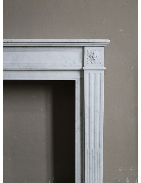 201 ANTIQUE LOUIS XVI FIREPLACE MANTEL "DEUX FLEURS" CARVED IN WHITE CARRARA MARBLE OF NOBLE QUALITY "P"