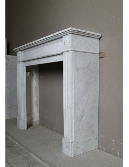 201 ANTIQUE LOUIS XVI FIREPLACE MANTEL "DEUX FLEURS" CARVED IN WHITE CARRARA MARBLE OF NOBLE QUALITY "P"