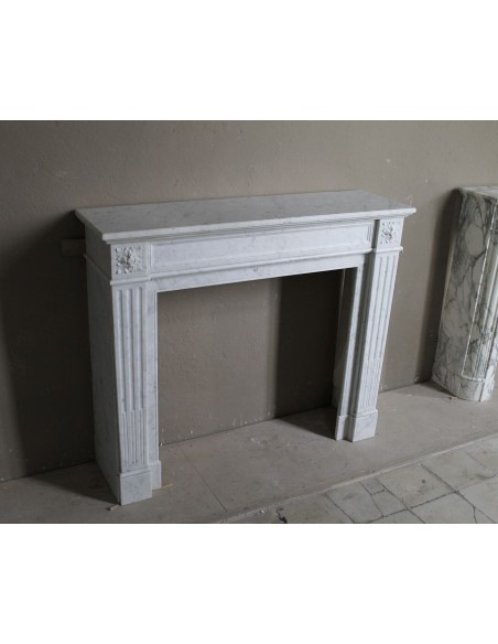 201 ANTIQUE LOUIS XVI FIREPLACE MANTEL "DEUX FLEURS" CARVED IN WHITE CARRARA MARBLE OF NOBLE QUALITY "P"