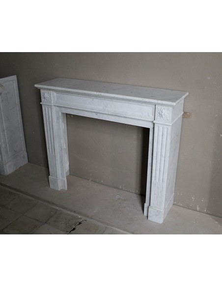 201 ANTIQUE LOUIS XVI FIREPLACE MANTEL "DEUX FLEURS" CARVED IN WHITE CARRARA MARBLE OF NOBLE QUALITY "P"