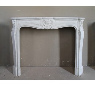 Large Baroque "Trois Coquilles" fireplace mantel carved in White Carrara marble.