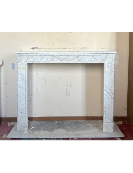250 ANTIQUE LOUIS XVI STYLE ANTIQUE FIREPLACE MANTEL CARVED IN WHITE "VENATINO" CARRARA MARBLE