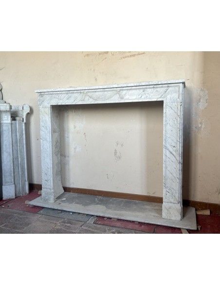 250 ANTIQUE LOUIS XVI STYLE ANTIQUE FIREPLACE MANTEL CARVED IN WHITE "VENATINO" CARRARA MARBLE