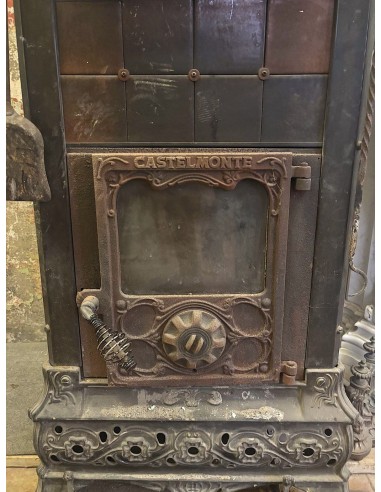 GH 001 CASTELMONTE CAST IRON AND MAJOLICA WOOD...